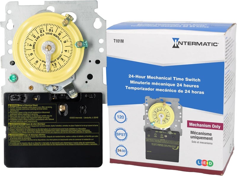 Intermatic T101M 24-Hour Mechanical Timer (Mechanism Only) - 120V SPST, Heavy-Duty, Manual Override, 40 Amp - Ideal for Lights, Pumps, Fans, and HVAC Systems - Image 1